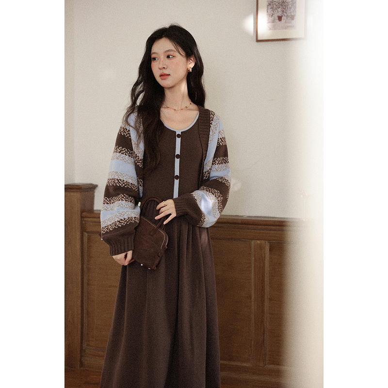 【6折秒杀】鹿向南「波西米亚」小众咖色无袖背心连衣裙女早秋收腰巨显瘦长裙L58277/L58276