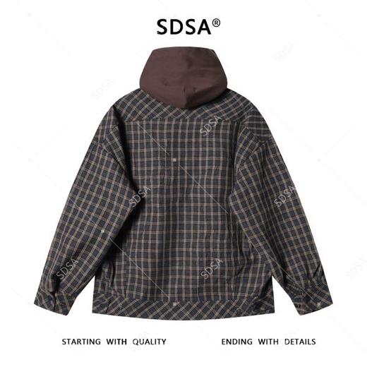 SDSA男士秋冬新款痞帅男装美式撞色格子拼接连帽衬衫宽松时尚衬衣 商品图4