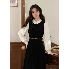 鹿向南「花千语」法式轻奢撞色拼接假两件连衣裙女秋优雅气质长裙