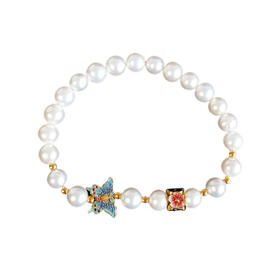 【天然正品】足金双色珐琅蝴蝶和樱花饰品配约.5MM天然珍珠手串220925NJM06 现售价：1580特价！