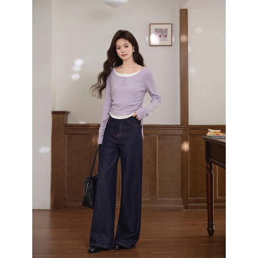 鹿向南「香芋蛋糕」紫色设计感假两件长袖T恤女早秋减龄显瘦上衣 商品图2