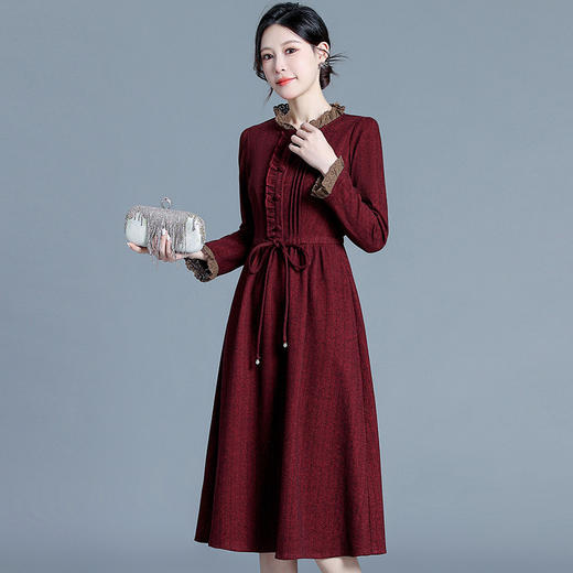 QYM 65099-Y时尚连衣裙长袖裙中长款系带收腰A字裙 商品图1