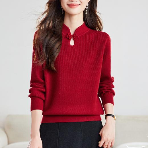 CC 16-9528复古国风盘扣立领红色针织衫 商品图0