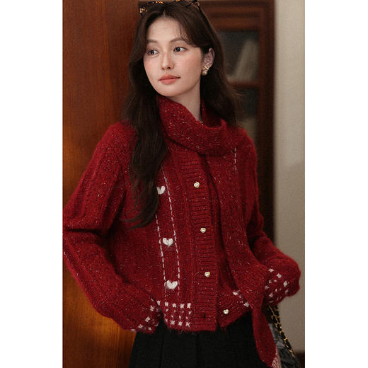 鹿向南「相思红豆」气质复古红色毛衣女秋季时尚宽松显瘦开衫外套 商品图1