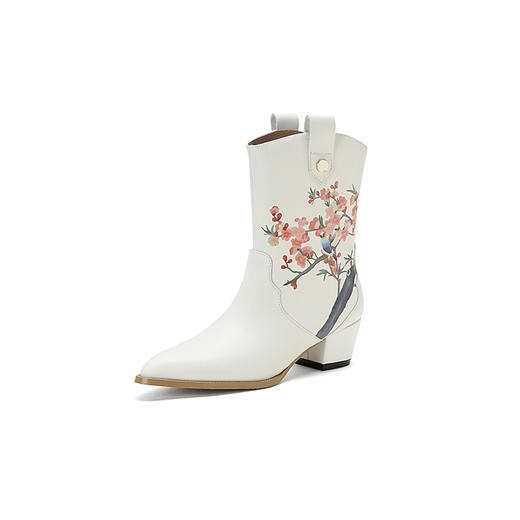 OLD 2599民族风真皮粗跟复古国风印花短靴 商品图3