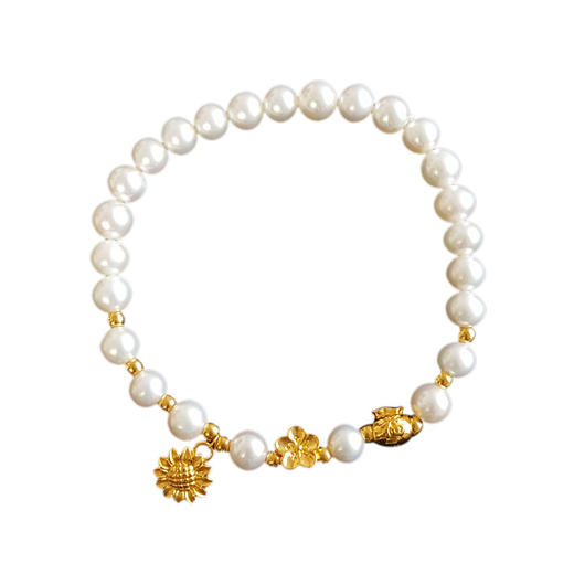 【天然正品】足金向日葵和福袋饰品配约6MM天然珍珠手串220925NJM10 现售价：1380特价！ 商品图0
