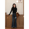鹿向南「暖阳褶皱」法式黑色针织衫上衣女秋季新款修身显瘦打底衫 商品缩略图1