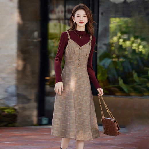 HR ABS25171法式时尚两件套裙洋气复古格纹长袖吊带裙两件套 商品图3