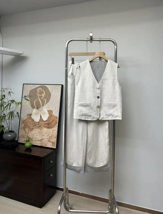 原单进口亚麻套装，复古老钱风v领马甲休闲直筒阔腿裤 商品图5