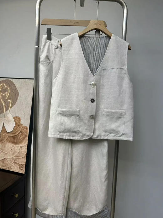 原单进口亚麻套装，复古老钱风v领马甲休闲直筒阔腿裤 商品图2