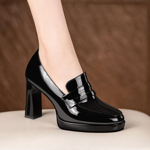 BZ95874粉红色圆头防水台高跟鞋女2025春秋季新款厚底中口粗跟单鞋漆皮潮 商品图1