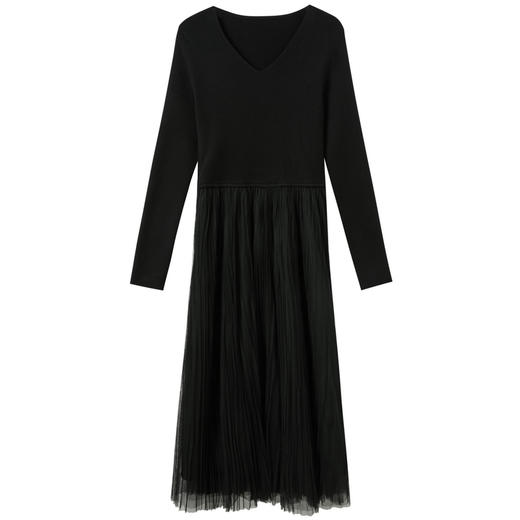 三彩2025冬季新款针织裙拼接网纱大摆连衣裙收腰长裙V领长袖M 商品图4