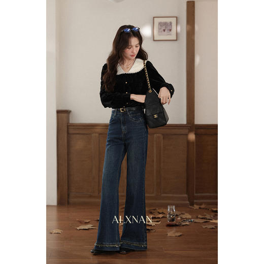 鹿向南「月光与诗」法式复古高级感黑色衬衫女秋新款长袖丝绒上衣 商品图3