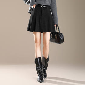 QYM M277-Y毛呢短款百褶裙高腰半身裙A字裙