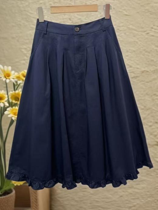 【秋新品】剪标-藏青花边一粒扣半身裙-喜出 商品图2