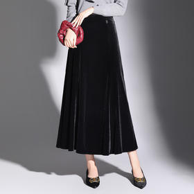 QYM M201-Y金丝绒半身裙高腰中长款垂感A字裙