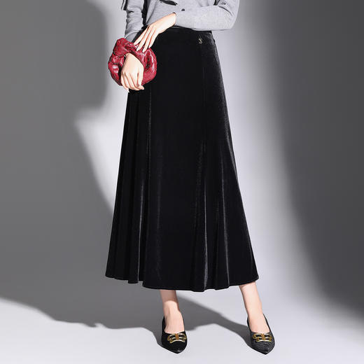 QYM M201-Y金丝绒半身裙高腰中长款垂感A字裙 商品图0