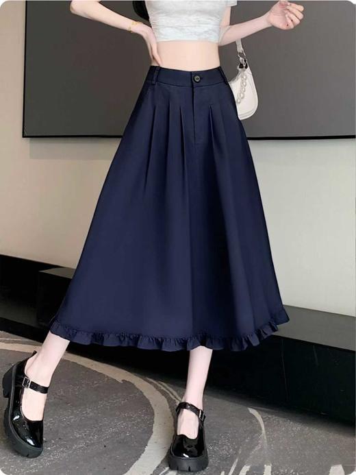 【秋新品】剪标-藏青花边一粒扣半身裙-喜出 商品图0