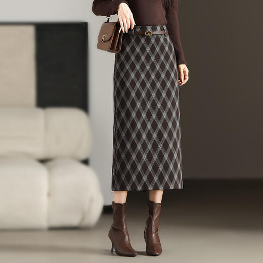 QYM M220-Y格子毛呢半身裙直筒裙中长款包臀一步裙 商品图1