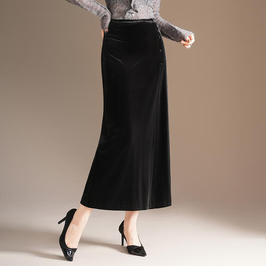 QYM M212-Y金丝绒开衩包臀裙半身裙时尚中长款优雅一步裙 商品图1