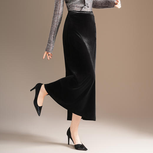 QYM M212-Y金丝绒开衩包臀裙半身裙时尚中长款优雅一步裙 商品图2