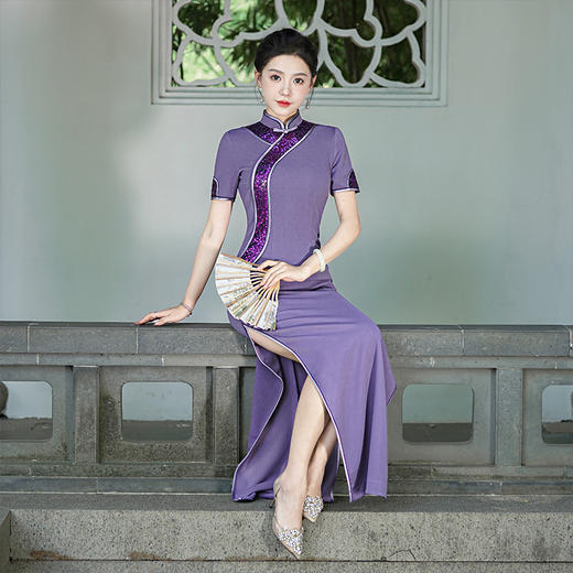 走秀旗袍2025年新款时尚长款复古优雅高开叉改良走秀旗袍加长大码 商品图0