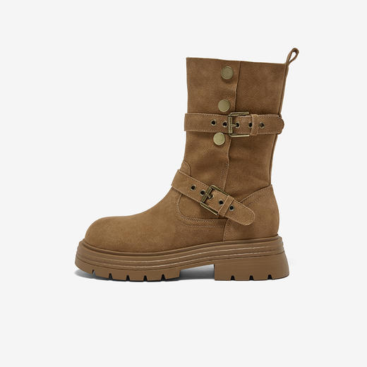 【云粉节】  BF楼百思图2025冬季新款真皮西部靴堆堆靴厚底女棕色短靴BP338DZ5吊牌价1159.现价539 商品图1