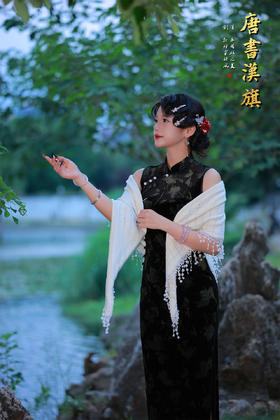 【暗夜山茶】精选质感丝绒面料，暗纹设计低调奢华，无袖立领版型搭配珍珠扣点缀，复古韵味十足。修身剪裁勾勒曼妙身姿，搭配披肩更添优雅层次，无论是雅致茶会还是轻奢晚宴，都能让你尽显东方女性的神秘与温婉