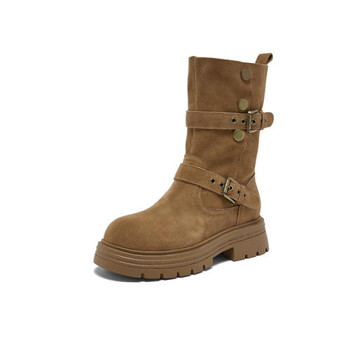 【云粉节】  BF楼百思图2025冬季新款真皮西部靴堆堆靴厚底女棕色短靴BP338DZ5吊牌价1159.现价539 商品图0