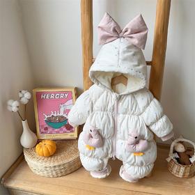 【韩系甜美鸭鸭！萌趣外出必备】婴儿冬装加厚保暖棉衣韩版女宝宝蝴蝶结小鸭子连体衣冬季外出爬服。hb