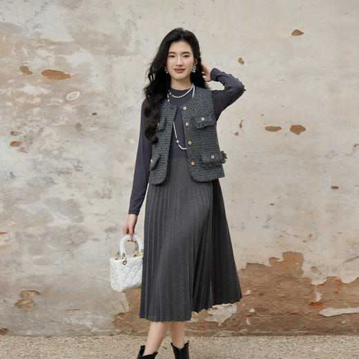 奢姿大码女装2025秋季时尚百褶设计圆领两件套胖妹妹气质减龄套装9954994284AB 商品图1
