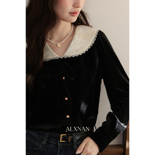 鹿向南「月光与诗」法式复古高级感黑色衬衫女秋新款长袖丝绒上衣 商品图4