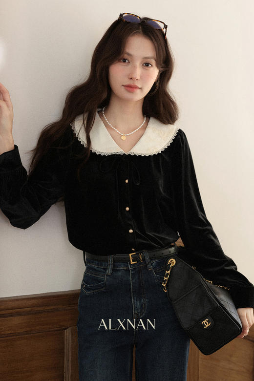 鹿向南「月光与诗」法式复古高级感黑色衬衫女秋新款长袖丝绒上衣 商品图5