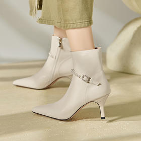 YSX7101欧美真皮细跟短靴女时尚珍珠秋冬新款高跟单靴加绒显瘦气质时装靴