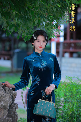 【蝶舞青裳】采用高级丝绒面料，复古立领搭配长袖设计，靛蓝色调雅致大气。精致蝴蝶花卉刺绣栩栩如生，尽显工艺之美，珍珠扣点缀更添温婉韵味。修身剪裁贴合身形