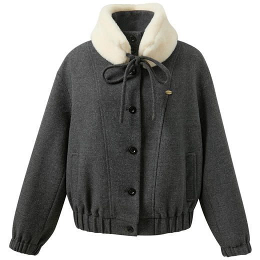 三彩独醒2025冬季新款毛呢外套短款大衣立领毛领可拆卸F 商品图4