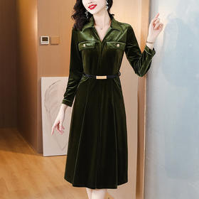 A3170丝绒连衣裙女2024秋季新款长袖小个子收腰显身材港味复古洋气长裙