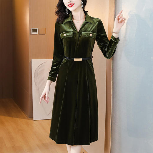 A3170丝绒连衣裙女2024秋季新款长袖小个子收腰显身材港味复古洋气长裙 商品图0