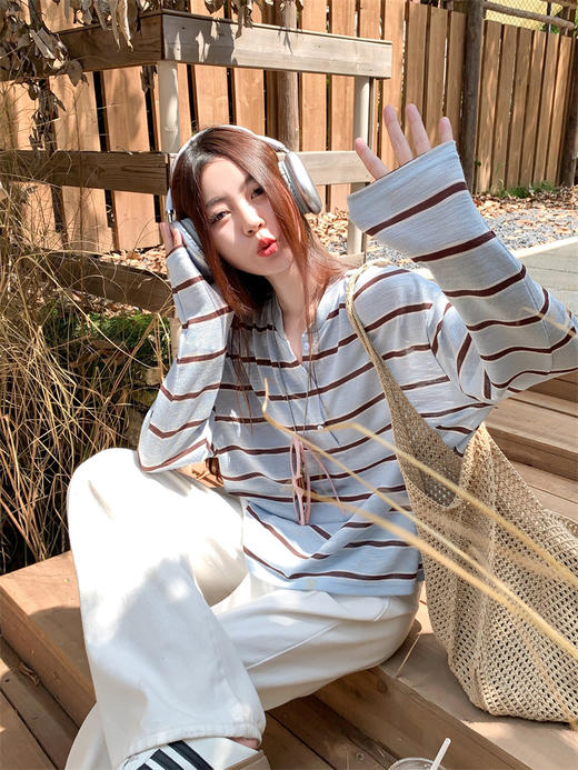 <曾小咸推荐>新款轻薄慵懒风条纹长袖T恤上衣 商品图6