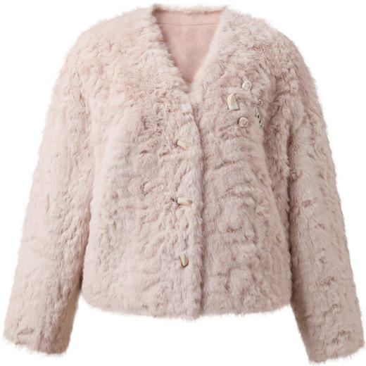 三彩2025冬季新款千金风V领环保皮草毛毛外套短款宽松仿皮草M 商品图4