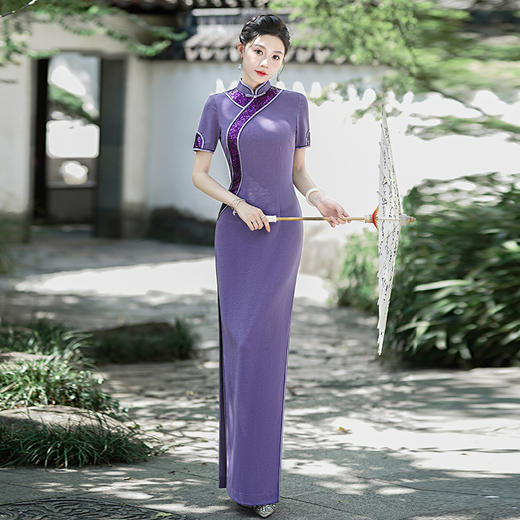 走秀旗袍2025年新款时尚长款复古优雅高开叉改良走秀旗袍加长大码 商品图2