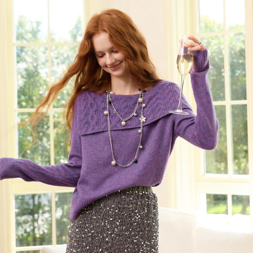 三彩2025冬季新款法式方领针织衫绞花亮丝毛衫套头一字肩宽松M 商品图1