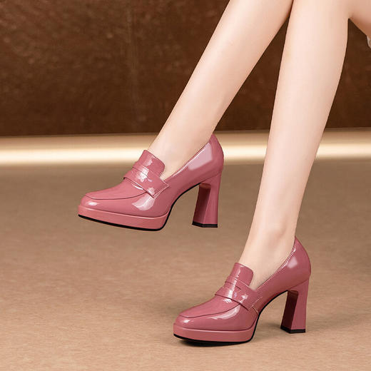 BZ95874粉红色圆头防水台高跟鞋女2025春秋季新款厚底中口粗跟单鞋漆皮潮 商品图2