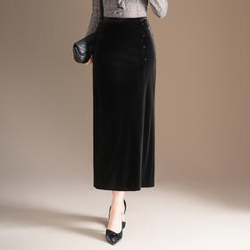 QYM M212-Y金丝绒开衩包臀裙半身裙时尚中长款优雅一步裙