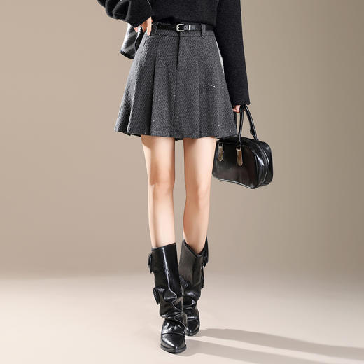 QYM M277-Y毛呢短款百褶裙高腰半身裙A字裙 商品图1