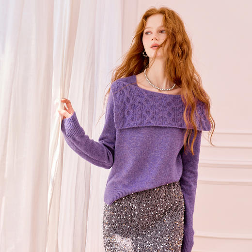 三彩2025冬季新款法式方领针织衫绞花亮丝毛衫套头一字肩宽松M 商品图3