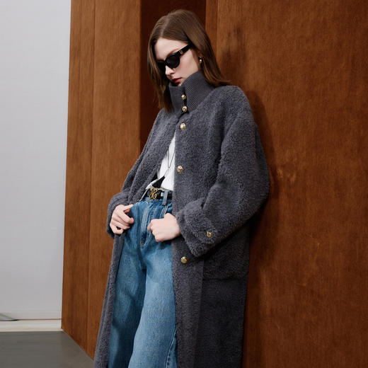 三彩2025冬季新款绵羊毛复合皮草毛毛外套立领仿皮草长款宽松M 商品图2