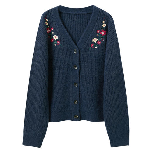 三彩2025冬季新款花朵刺绣复古开衫针织衫宽松V领毛衫落肩袖休闲M 商品图4