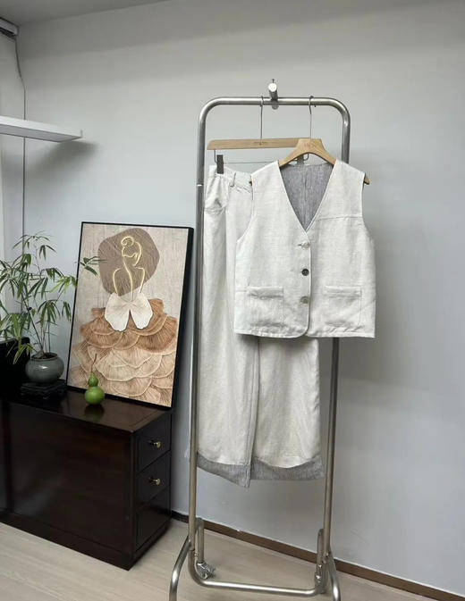 原单进口亚麻套装，复古老钱风v领马甲休闲直筒阔腿裤 商品图1