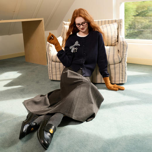 三彩2025冬季新款复古开衫甜美蝴蝶结针织衫宽松圆领毛衫休闲M 商品图1